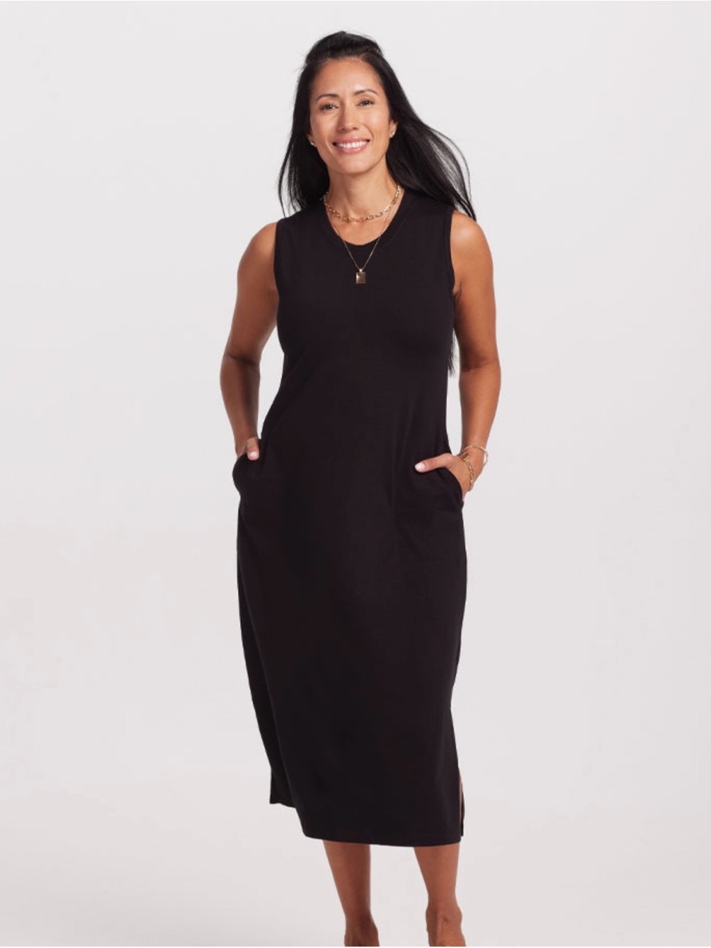 Woolx Sleek Black Sleeveless Midi Dress with pockets size L Cassie - Picture 3 of 6